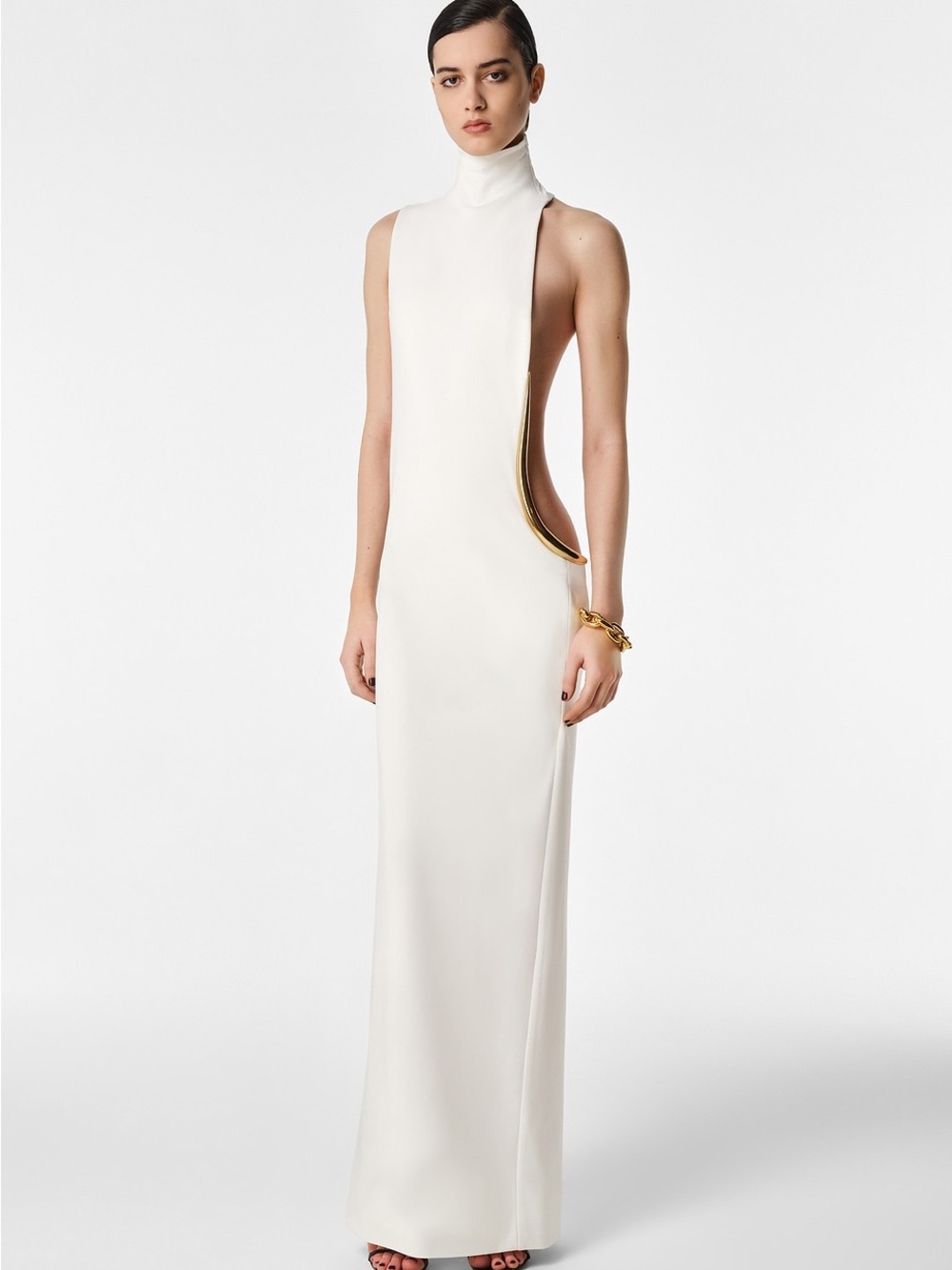 REVOLVE White High-Neck Maxi Dress with Gold Trim Cutout